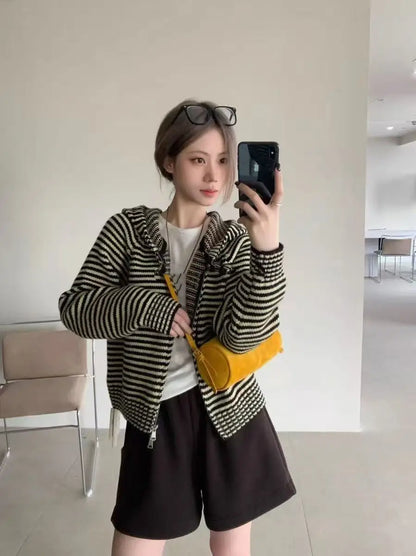 Purple Striped Hooded Sweater Jacket Women's Open Cardigan Autumn Winter Korean Style Soft Thickened Knitted Shirt Inner Wear...
