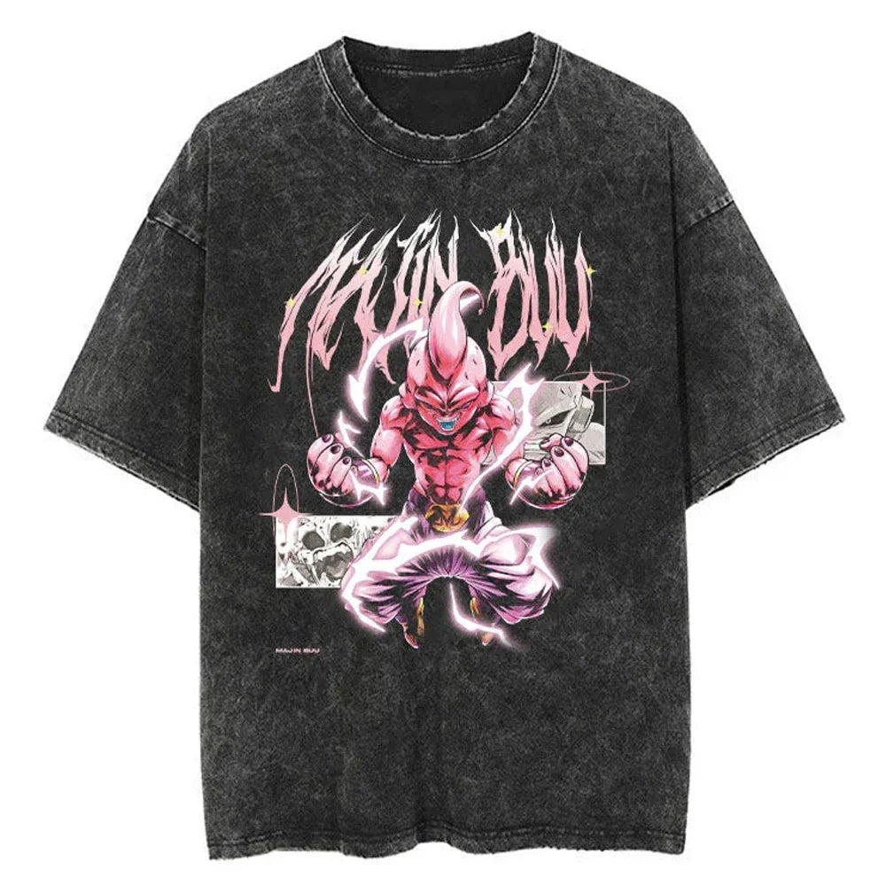 Men Streetwear Washed T Shirt Japanese Anime Dragon Ball Print T-Shirt Harajuku Cotton Casual Tshirt Summer Short Sleeve Tops