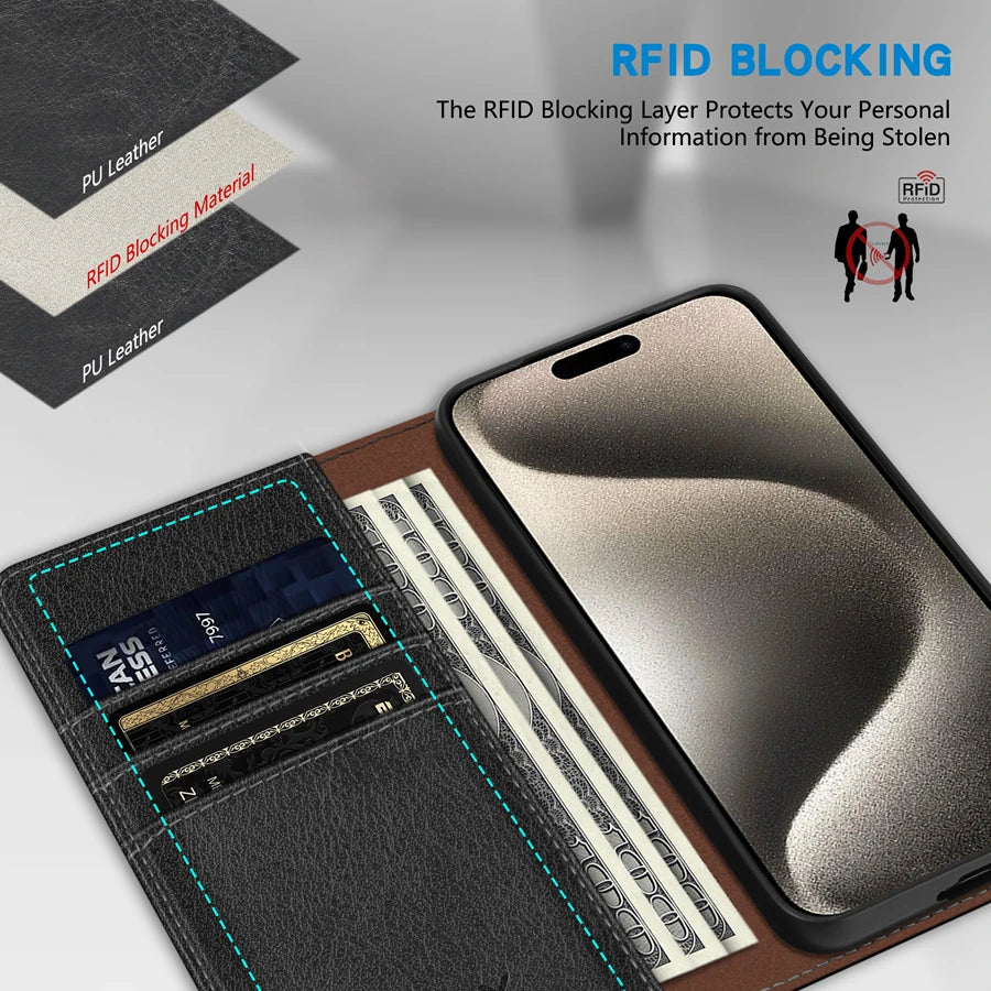 Wallet Skin Friendly Card Slot Magnetic Flip Leather Case For iPhone 17 Pro Max Air 16e 16 15 14 Plus 13 12 11 XR Card Holder