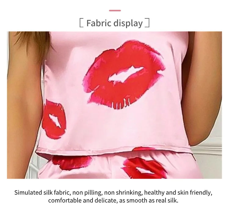 Women's Satin Pajama Set with Lip Print V-Neck Cami Top and Elastic Pants For Women Pijama Comfortable Sleep and Loungwear