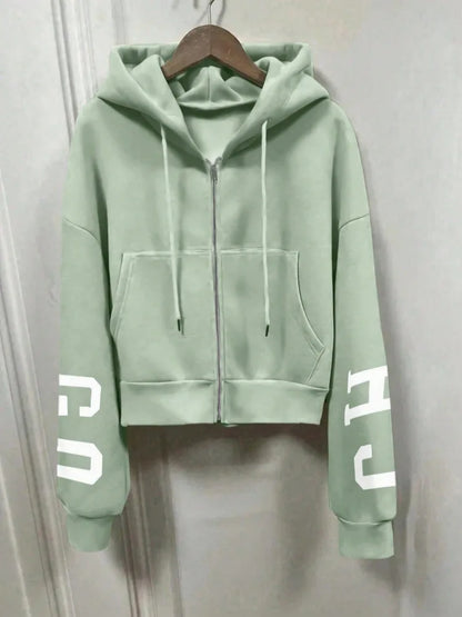 Women Y2K Crop Zip Up Hoodie Letter Print Oversized Long Sleeve Hooded Sweatshirt Casual Streetwear Short Jacket Outerwear