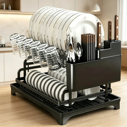 2-Tier Black Full Set Dish Drying Rack, 360° Rotating Drainboard with Utensil Holder, No-Drill Kitchen Organizer Gift