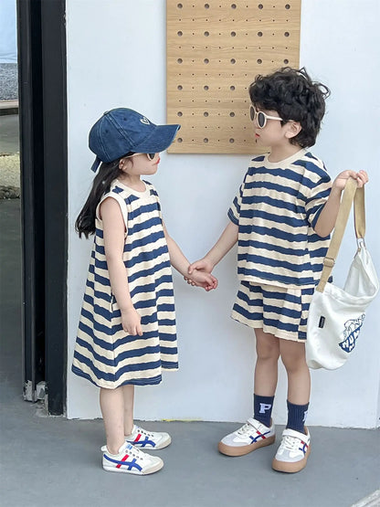 1pcs Summer Chldren Boy Stripe Short Sleeve Tops+Shorts Set Girl Sleeveless Vest Skirt Kids Toddler Fashion Leisure Clothes Set