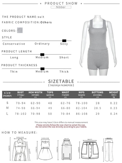 Nibber Ribbed Casual 2 Piece Set Women Tracksuit Sporty Square Collar Tank Tops+Shorts Suit Streetwear Simple Matching Outfits