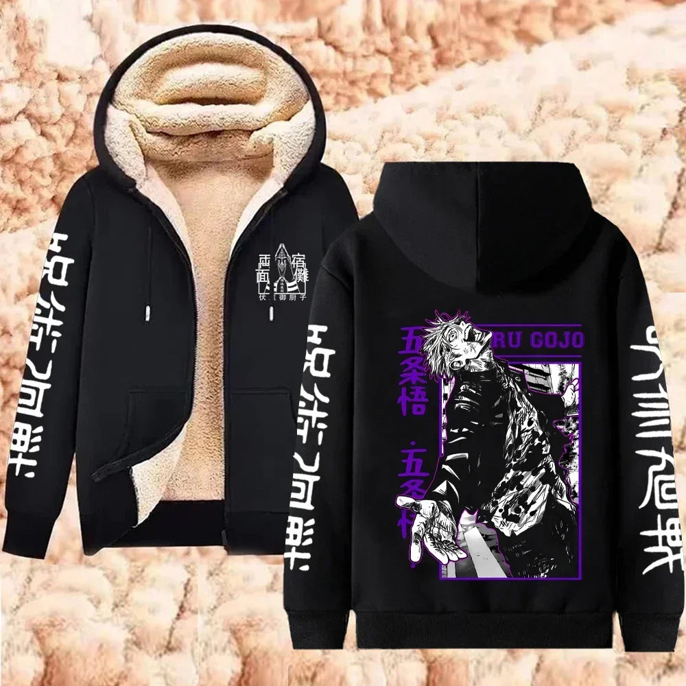 Jujutsu Kaisen Warm Zipper Jacket Gojo Satoru Anime Thicken Hoodie Men Women Lamb Wool Casual Long Sleeve Sweatshirts Streetwear