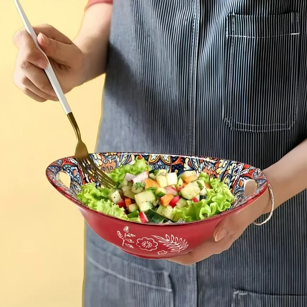 Bohemian Ceramic Salad Bowl Set - Microwave Safe Stackable Oval Plates with Handle 2PCS