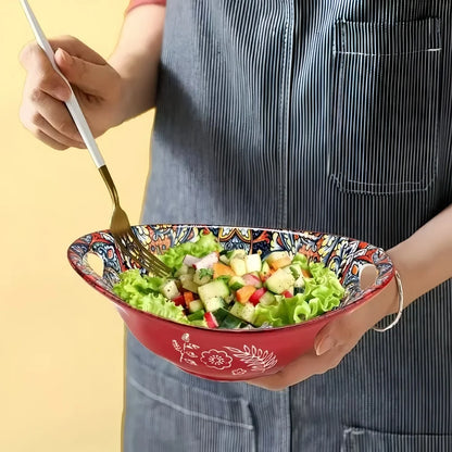 Bohemian Ceramic Salad Bowl Set - Microwave Safe Stackable Oval Plates with Handle 2PCS