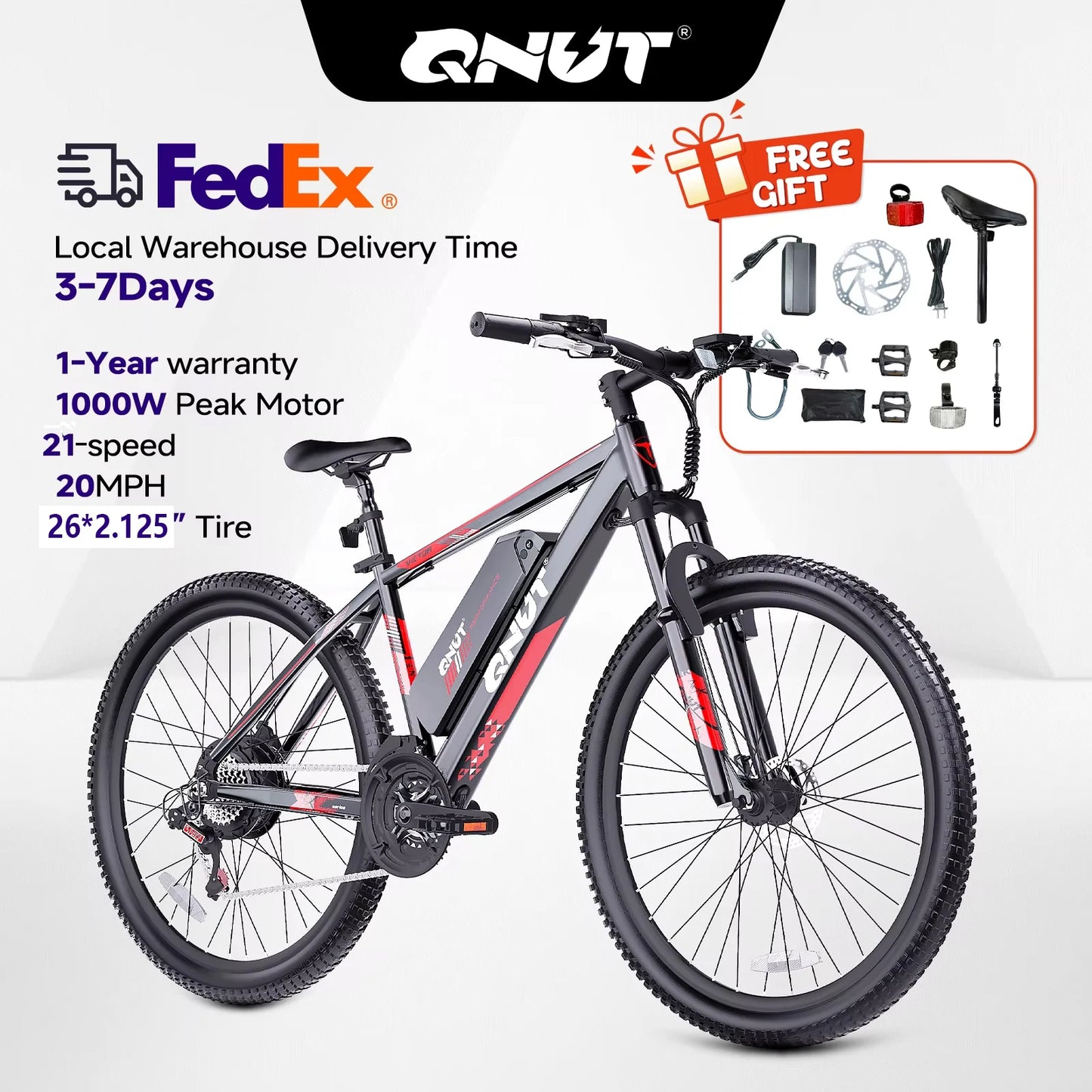 QNUT Victor3.0 Mountain Electric Bicycle 1000W 36V 10.4AH Electric Bike 26' Tire All-Terrain Ebike Urban Off-Road Commuter Adult E-Bike
