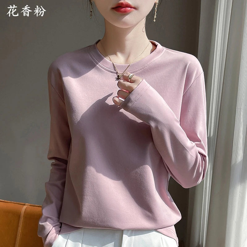100 Cotton Womens Long-Sleeved Round Neck T-Shirt - Loose Bottoming Top for Spring  Autumn