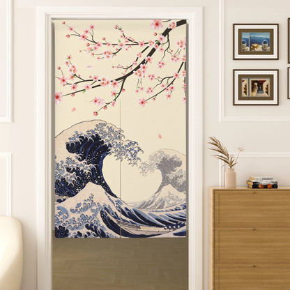 Japanese Door Curtain - Cherry Blossom Curtain With Kanagawa Wave Design | Linen Door Panel