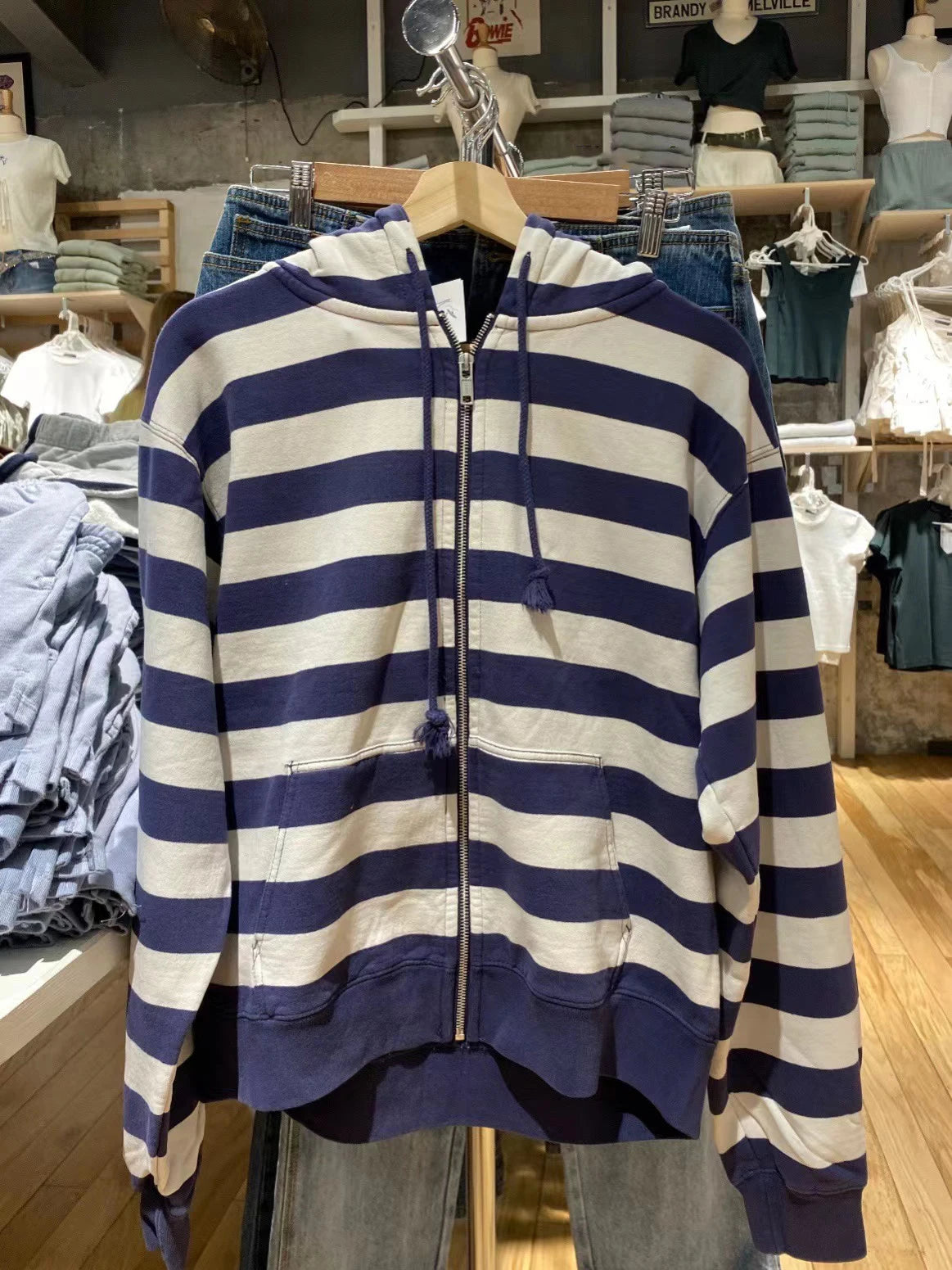 Striped Patchwork Zip-up Hoodie Autumn Cotton Pocket Drawstring Hooded Sweatshirt Women Y2k Streetwear Vintage Loose Tops Jacket