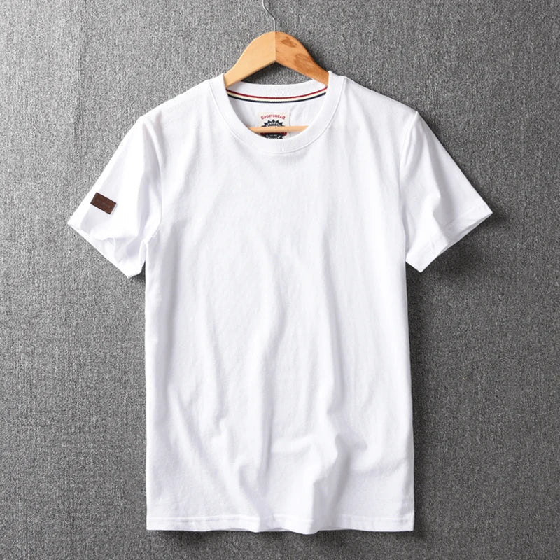 Summer New American Retro Short-sleeved O-neck Solid Color T-shirt Men's Fashion Simple 100% Cotton Washed Casual Sport Tops