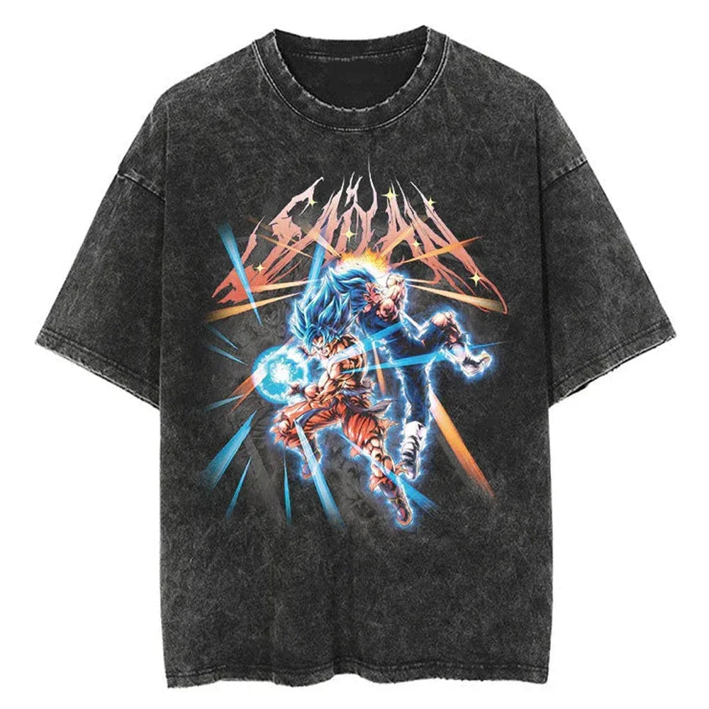 Men Streetwear Washed T Shirt Japanese Anime Dragon Ball Print T-Shirt Harajuku Cotton Casual Tshirt Summer Short Sleeve Tops