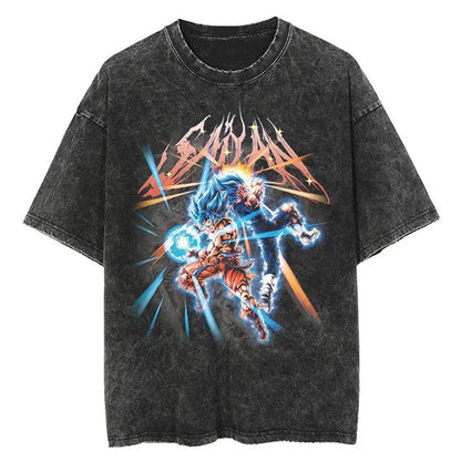 Men Streetwear Washed T Shirt Japanese Anime Dragon Ball Print T-Shirt Harajuku Cotton Casual Tshirt Summer Short Sleeve Tops