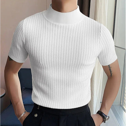 Men's High Neck T-Shirt – Casual Summer Knitted Base Tee | Breathable Polyester Top