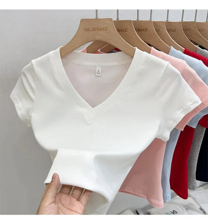 Summer Sexy V-neck Slim T Shirt Women Cotton Basic Solid Crop Tops Female Casual Tops Short Sleeve T-shirts 2026