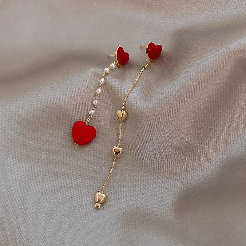New Trendy Love Heart Zircon Tassel Earrings For Women Shiny Crystal Long Chain Asymmetric Dangle Earring Girl Party Jewelry