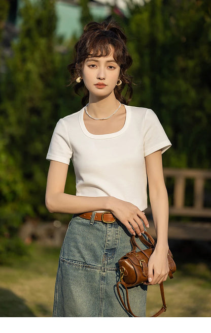 Women's Square-Neck T-Shirt – Elegant Cotton Short-Sleeve Top