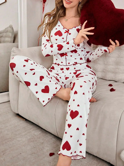 Pajamas 2 Piece Sets Women Sleepwear Loungewear Suit Top Pants Heart Print Bow Trousers Autumn Ensemble Nightwear Outfits