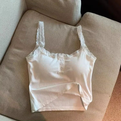 Sexy White Knit Camisole Lace Tank Top Cropped Vest Women's Sleeveless Crop Tops with Chest Pad Y2k Cute Summer Slim Undershirt