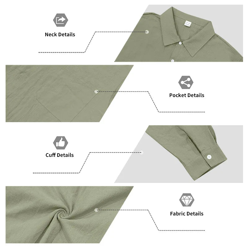 Men's Autumn Loose Trend Linen Solid Color Simple Lapel Long-Sleeved Shirt Beach Trousers Set