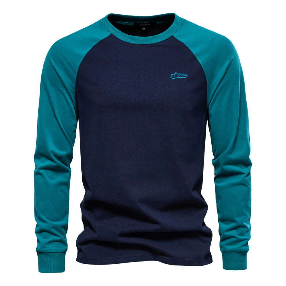 Men's Cotton T-Shirts - Long Sleeve Patchwork O-Neck Casual Designer Tees