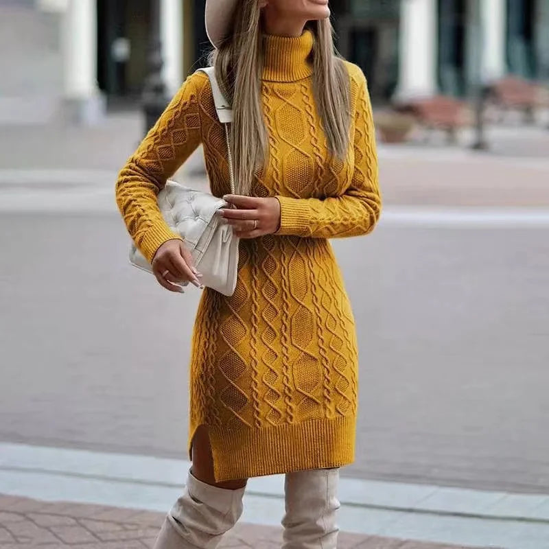 Knitted Sweater Dress – Women's Warm Autumn Winter Long Sleeve A-Line Mid-Calf Skirt