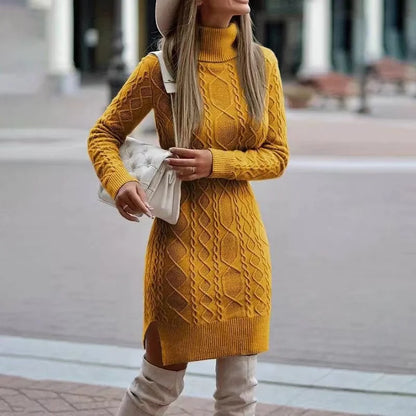 Knitted Sweater Dress – Women's Warm Autumn Winter Long Sleeve A-Line Mid-Calf Skirt