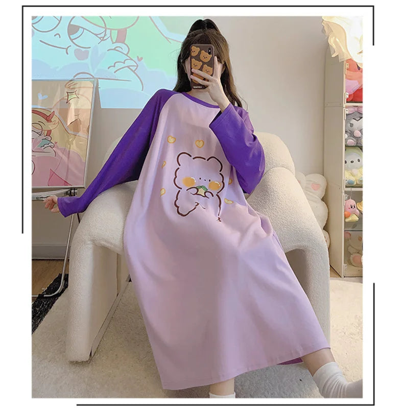 New Spring Summer Cotton Women's Pajamas Cute Long-sleeved Nightdress Cartoon Print Dress Home Service