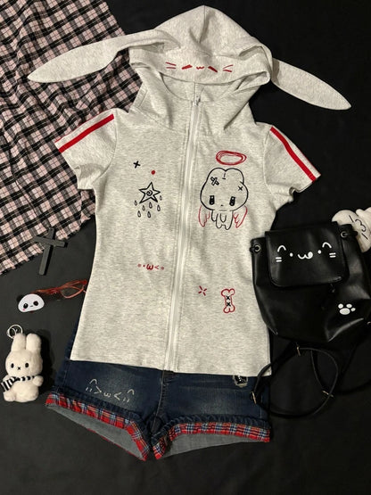 Japanese Cute Babes Slim Fit Cardigan Subculture Kawaii Ears Short Sleeve Hoodies Women Summer New Sweet Streetwear Grey Tops