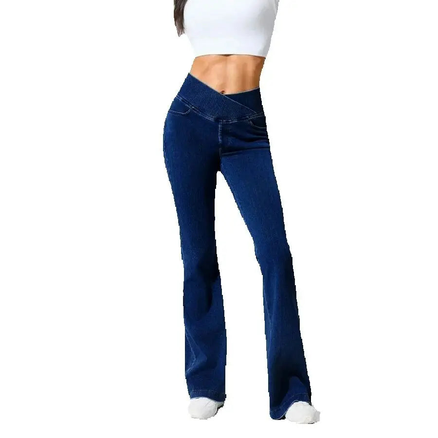 High Stretch Cross Waist Flare Jeans For Women Casual Hip Enhancing Knitted Denim Pants Multi Pocket Fitness Bootcut Trousers