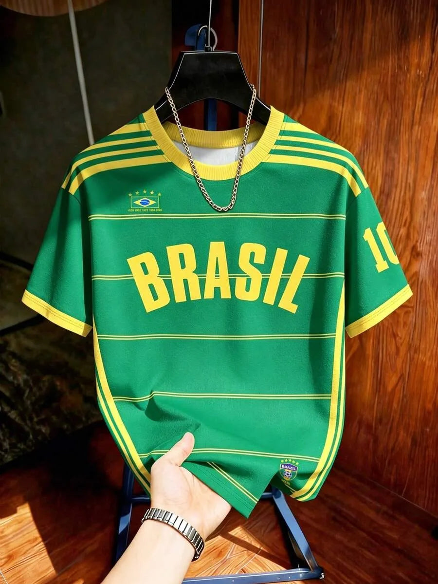 2026 Kids Brazil Football T-Shirt Soccer Jersey Stripe Retro Print Breathable Quick Dry Training Tee Fan Sport Tops For Men Women