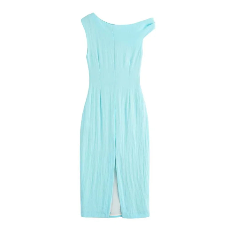 ETJ 2025 summer new  women's elegant sexy fashion metal buckle inlaid asymmetrical pleated MIDI dress
