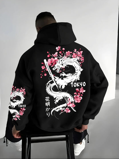 Japan Men Women Anime Dragon Sakura Print Hoodie Street Harajuku Y2K Sports Casual Loose Autumn Winter Warm Sweatshirt Clothing
