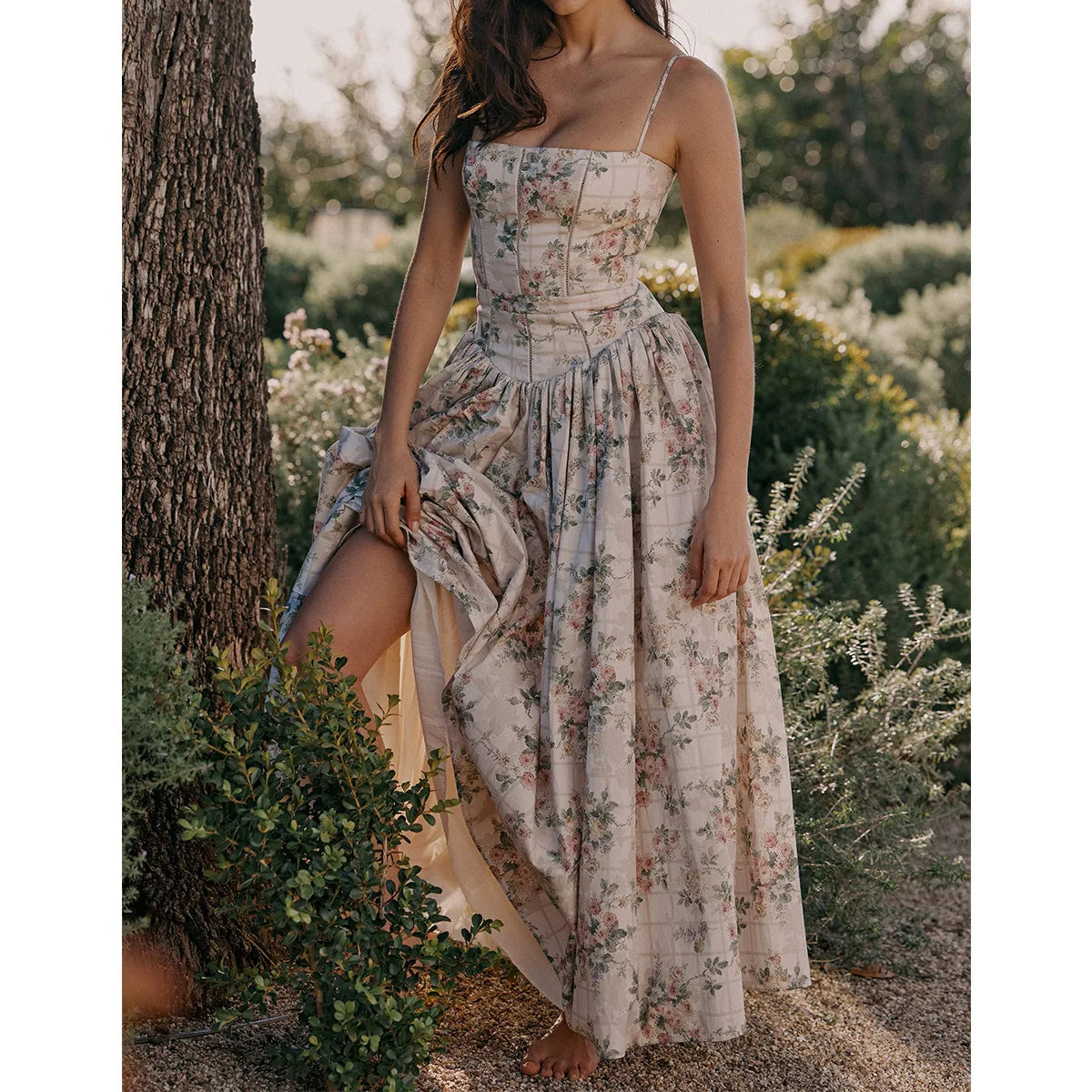 Summer Midi Dress - Women's Floral Print Elegant Camisole Fit and Flare Holiday Dress