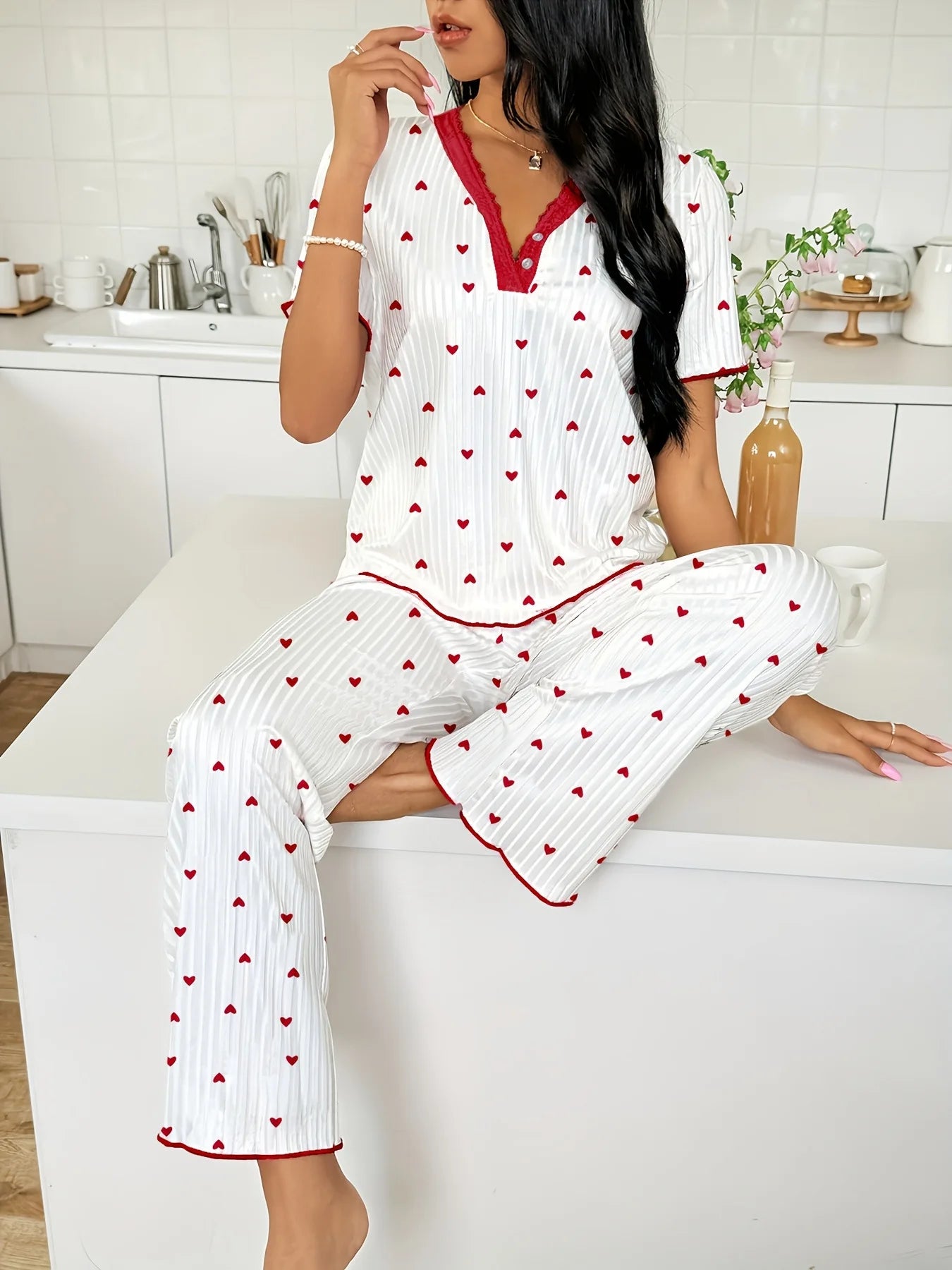 Autumn Winter Warm Pajamas Set for Women Sleepwear Sexy Heart Print Tops and Trouses Sets Comfortable Pyjama Loungewear