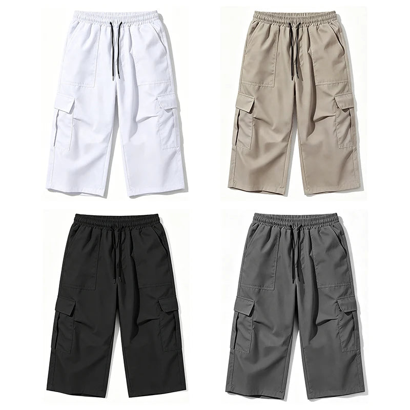 2026 New Men Multi Pocket Cargo Capri Shorts Loose Fit Daily Street Travel Outdoor Casual Drawstring Waist Cropped Short Pants