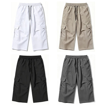 2026 New Men Multi Pocket Cargo Capri Shorts Loose Fit Daily Street Travel Outdoor Casual Drawstring Waist Cropped Short Pants