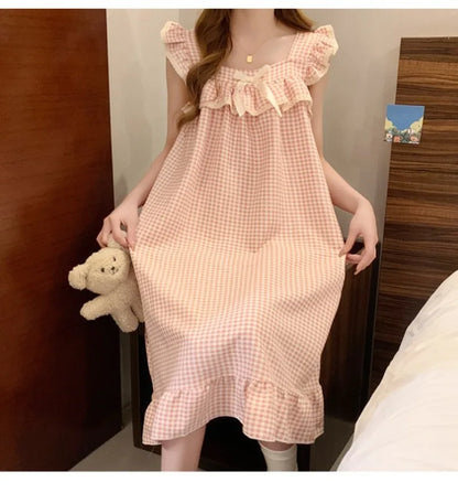 Women Korean Sweet Plaid Bow Design Nightgown with Straps Sleep Dress Cute Summer New Loungewear Y2K Nightgown with Built-in Bra