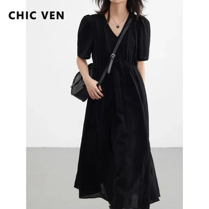 Vintage Puff Sleeve Dress - French Style Black Ankle Length Women Summer Casual Wear