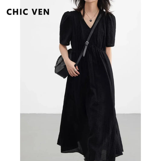 Vintage Puff Sleeve Dress - French Style Black Ankle Length Women Summer Casual Wear