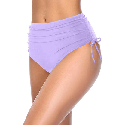 Basic Tight Swimming Bottoms for Female Solid Color High Waist Full Coverage Bikini Split Swimsuit Briefs Beach Drawstring Trunk
