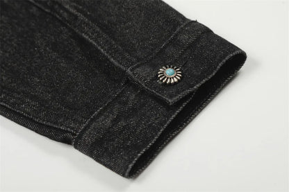 Mens Jacket Punk Vintage Streetwear Black Denim Short Coat Metal Buckle Studded Design Pleated Detail Retro Cool Hip Hop Fashion