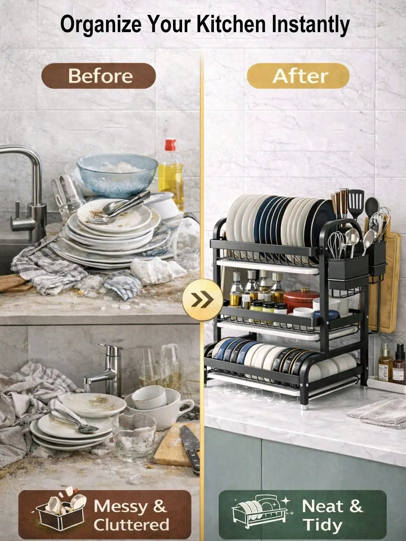 3-Tier Dish Drying Rack, Large Capacity Dish Drainer Rack With Removable Drain Tray, Kitchen Countertop Organizer For Plates Bow