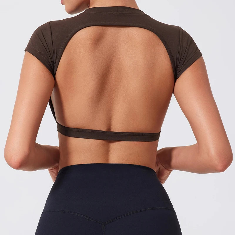 Women Crop Top - Backless Sports Crop Tee With High Compressive Waistband