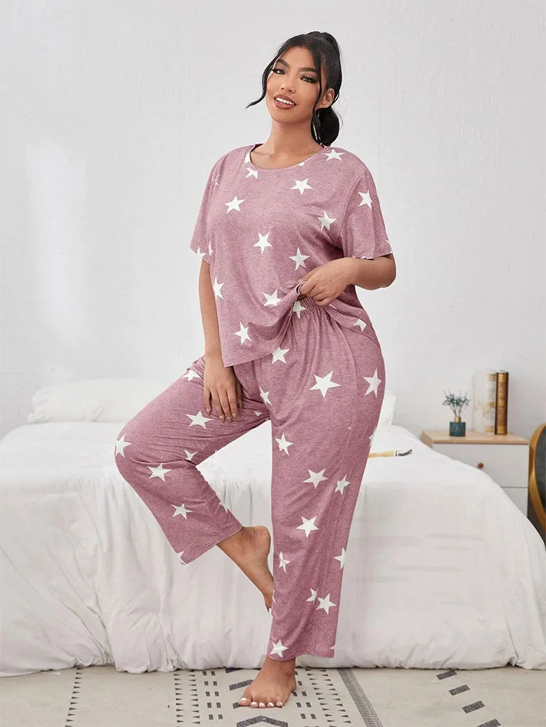 5XL Big Size Pajamas For Women Summer Autumn Faux Cotton Pajama Set  Short Sleeved Casual Loose Luxury Print Sleepwear Pijama