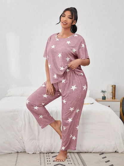 5XL Big Size Pajamas For Women Summer Autumn Faux Cotton Pajama Set  Short Sleeved Casual Loose Luxury Print Sleepwear Pijama