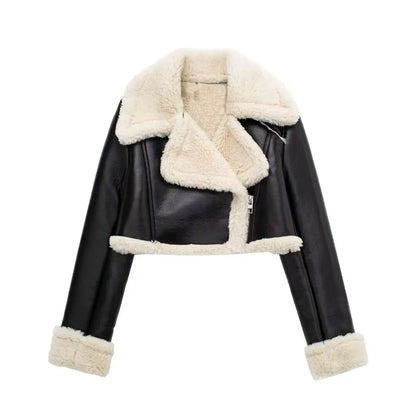 Faux Leather Jacket - Women's Winter Coat With Zipper Front & Turn-Down Collar