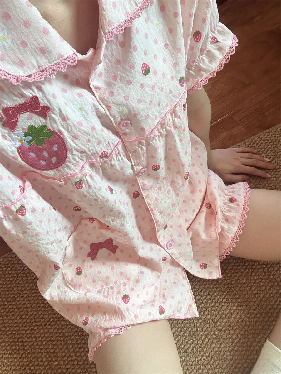 Japanese Kawaii Lolita Style Strawberry Embroidery Pajamas Set Ladies Short Sleeve Tops Shorts Sweet Summer Homewear Outfit
