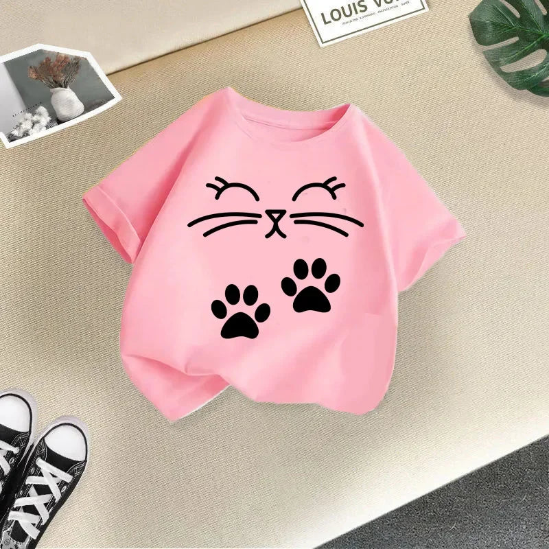 Summer New Cute Cat Animal Print Round Neck Short Sleeved Tee Shirt for Boys and Girls Fashionable and Simple Children's T-shirt